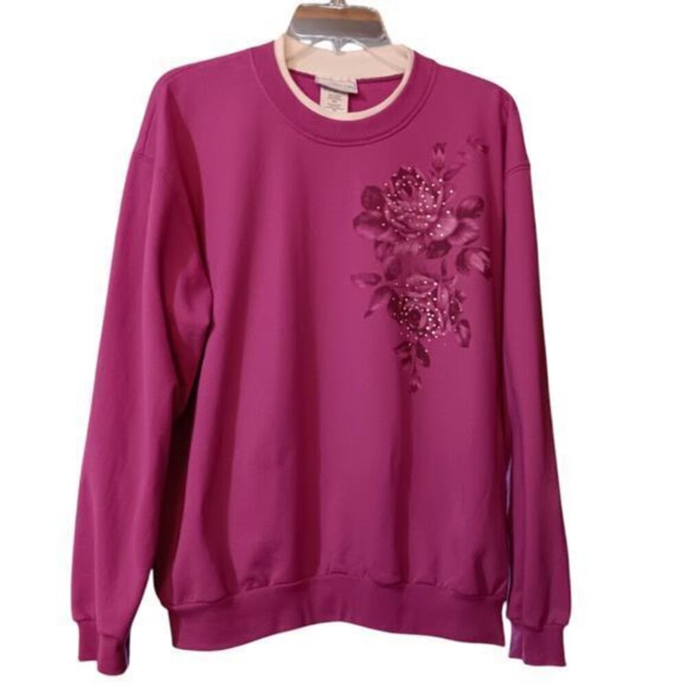 VINTAGE Sweatshirt Pink Size XL Flowers Roses Sparkle Beading Long Sleeves